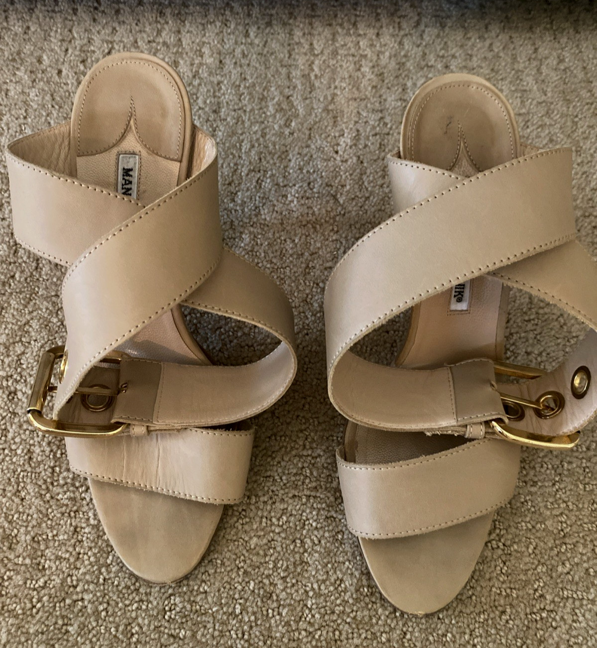MANOLO BLAHNIK Tan Leather Heel Gold Buckle 8.5 Open Toe Ankle Strap RARE Iconic image 2