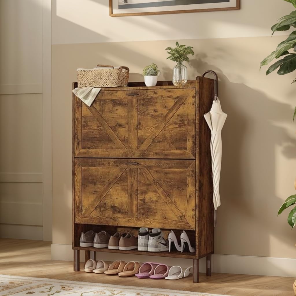 Slim Farmhouse Shoe Cabinet Holds 24 Pairs Including Size 13 with Storage
