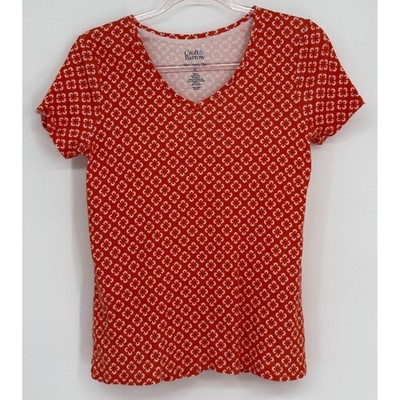Croft & Barrow Womens Red White Geometric Floral V-Neck Cotton Classic Tee Sz XS