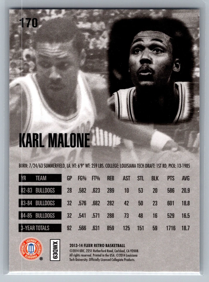 2013-14 Fleer Retro #170 Karl Malone Louisiana Tech Bulldogs Ultra - Image 2 of 2