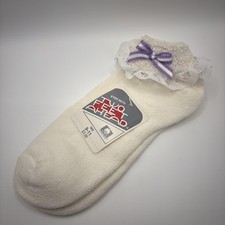 1 Pair Women's Vintage Terry Cuff Socks White Lace With Purple Bow 9-11 80s 90s