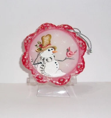 Fenton Glass Holly & Heart Cardinal Snowman Christmas Ornament Ltd Ed #22/47 - Image 1 of 4