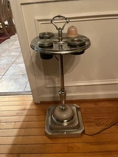 Vintage Art Deco Slag Glass Chrome Light Up Smoking Stand Ashtray