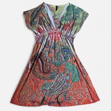 Multicolor Paisley Abstract Mini Dress w/ Plunging Neckline - Y2k Boho - Size S