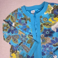 Chicos Floral Embellished Jacket Turquoise Blue Satin Lined Size 1 Medium Large