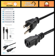 20ft Computer Power Cord NEMA 5-15P to C13, 10A 125V, 18AWG, Black AC Cable