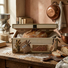 Rustic Farmhouse Wooden Bread Box w/Flour Sac...
