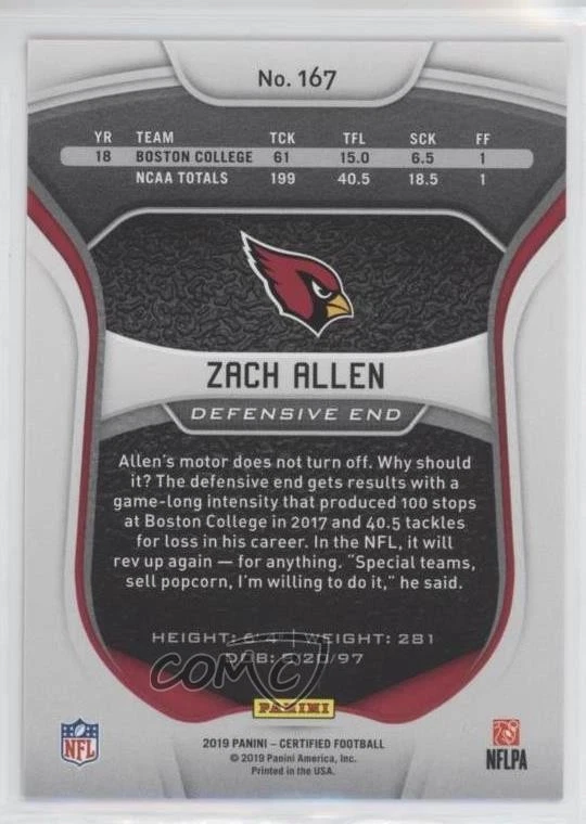2019 Certified Rookies Mirror Purple /10 Zach Allen #167 Rookie RC - Image 2 of 2