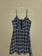 Blue White Plaid Sleeveless A-Line Sundress V Neck Button Front Short Dress