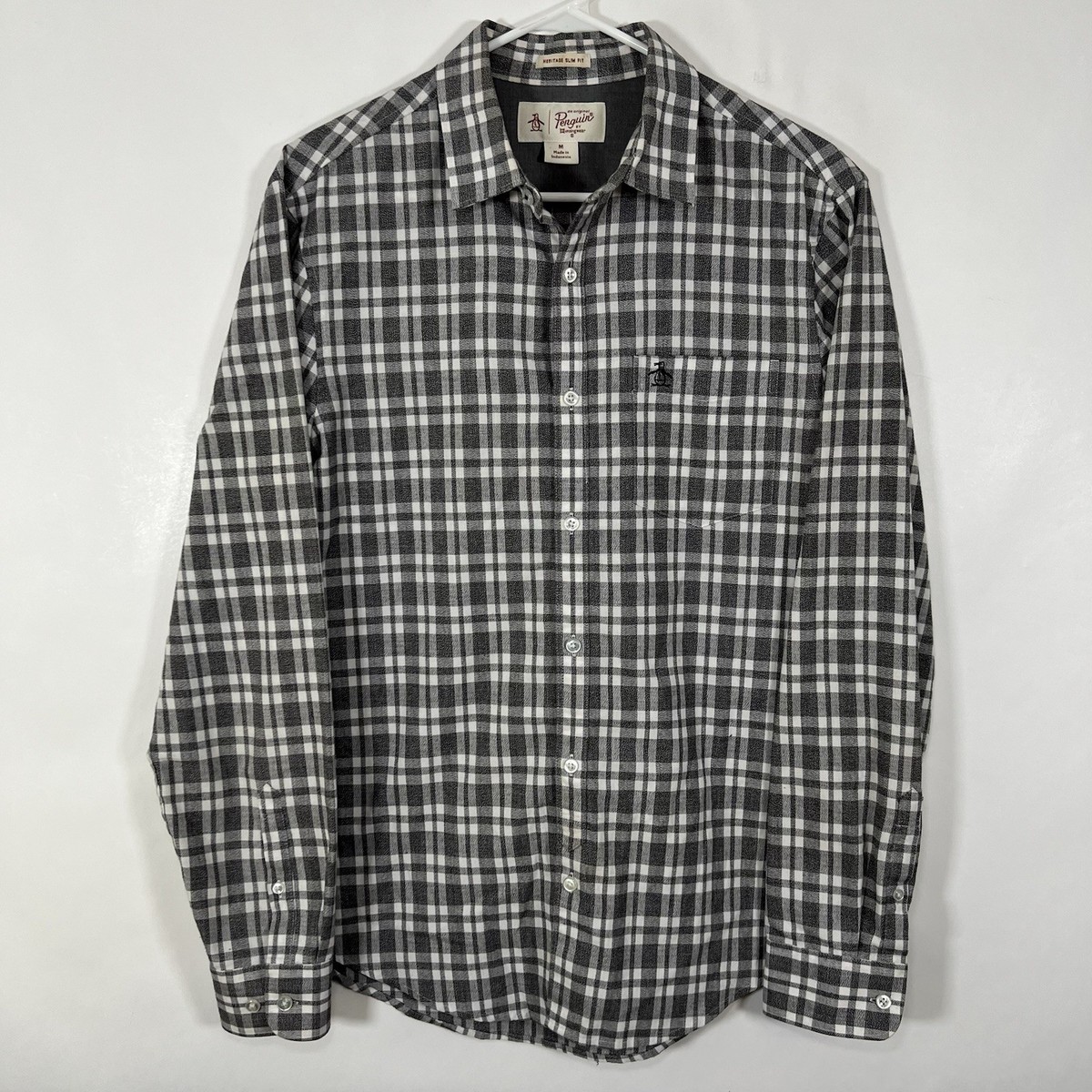Original Penguin Heritage Slim Fit Button Up Shirt Mens Medium Gray Plaid LS Original Penguin Heritage Slim Fit Button Up Shirt Mens Medium Gray Plaid LS