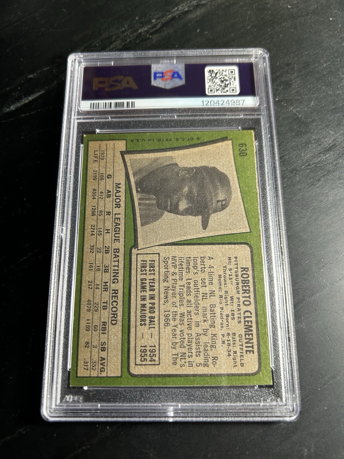 1971 Topps #630 Roberto Clemente PSA 6 Pittsburgh Pirates HOF view 2