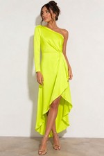 Alice + Olivia Dora Neon Key Lime One Shoulder High Low Dress 6 NWT Flaws