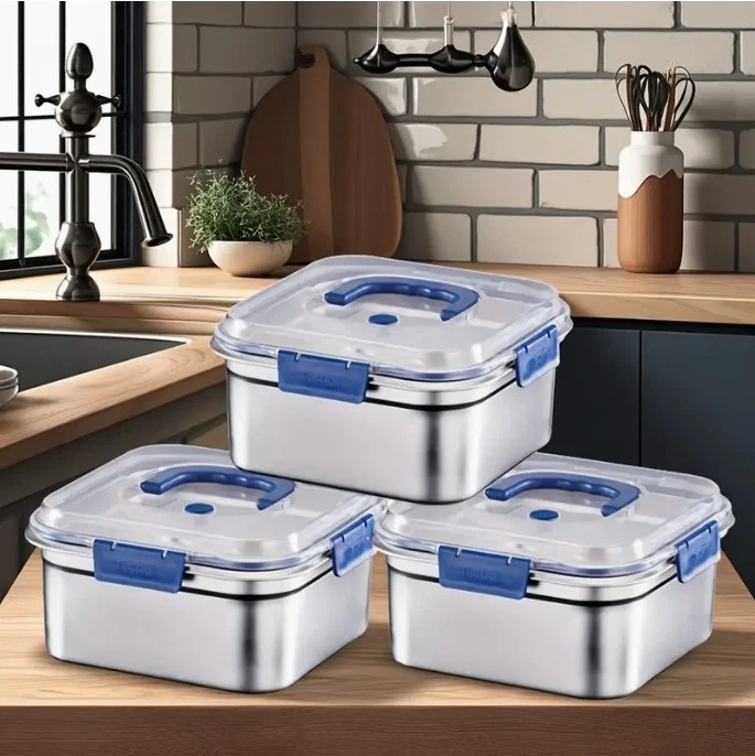 Stainless Steel Food Storage Container with Blue Lid 3-pcs