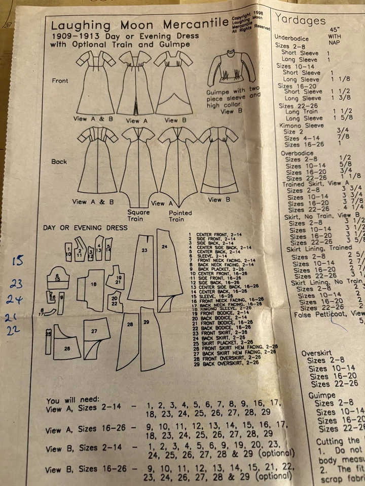 Laughing Moon Mercantile 1909-1913 Day & Evening Dress Used Cut  Pattern 2-26 - Image 4 of 4