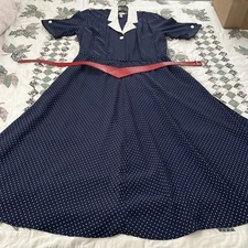 Vintage 80's SK & Company Blue Polka Dot Dress White Collar Size 8 Long