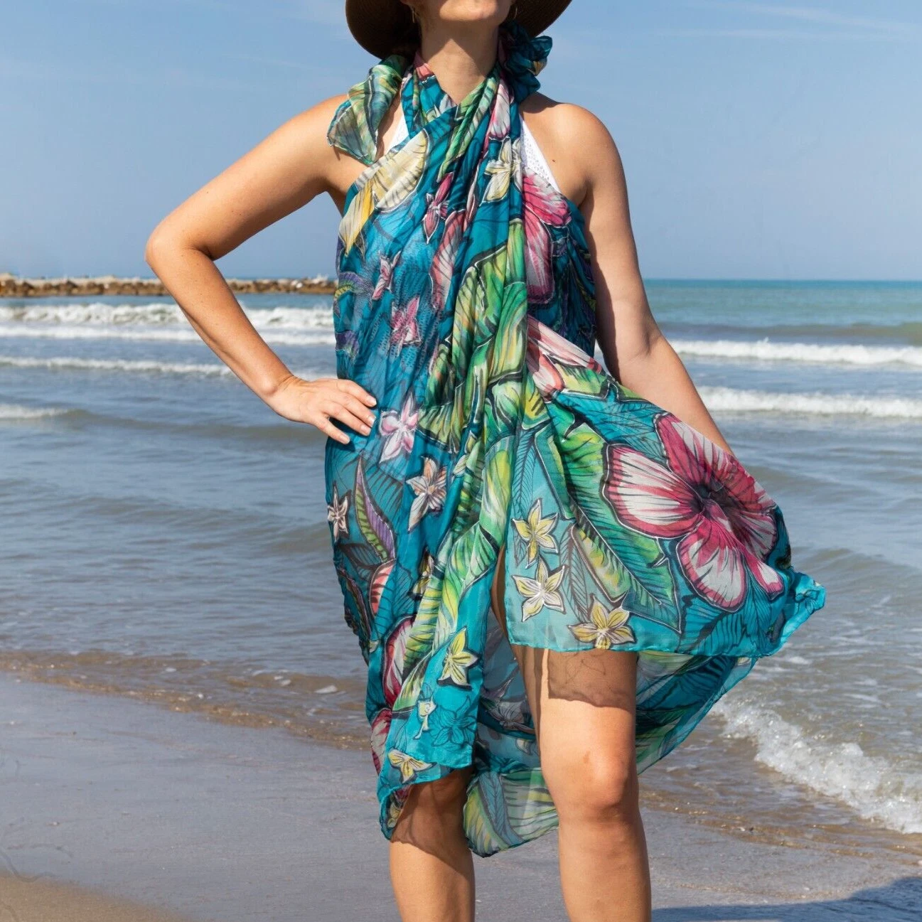Tropical Print Hand Painted Floral Hibiscus Silk Sarong Large Scarf Gift