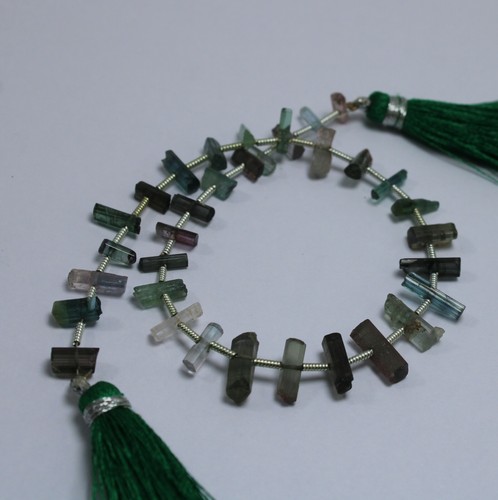 27 Carat 6.5 to 10 MM Natural RAW Multi Tourmaline Pencil Shape 8 Inch Beads - Picture 7 of 13