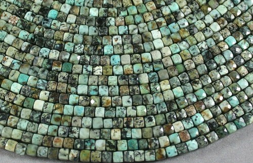 NATURAL AFRICAN 'TURQUOISE' JASPER 4MM LIGHTLY FACETED BLOCK CUBE BEADS 16" - Picture 2 of 2
