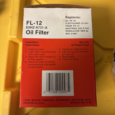 Genuine Ford Motorcraft FL-12 / E0HZ-6731-A Oil Filter NOS OEM | eBay