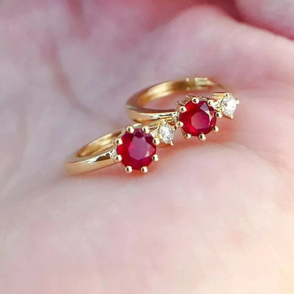 Women's Hoop Earring 14K Yellow Gold Plated 2Ct Round Cut Lab Created Red Ruby - Image 4 of 4