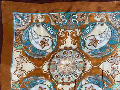 Foulard Carré Vintage En Soie 100% - 55x55 Cm - Couleurs Rose & Vert - Très Bon état Général