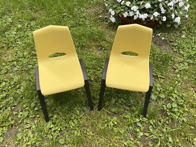 Vintage Yellow and Black Small Plastic Toddler-Kid Size Chairs Set of 