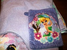 2 piece Girls Disney Fairies  Tinkerbelle Purple Hooded Towel and Bath Mitt Set