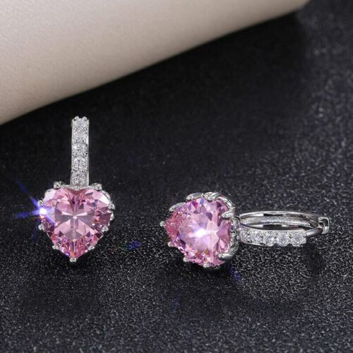 Pretty New Silver 10mm Pink Ice Heart CZ w/ Crystal Accents Hoop Dangle Earrings - Picture 3 of 4