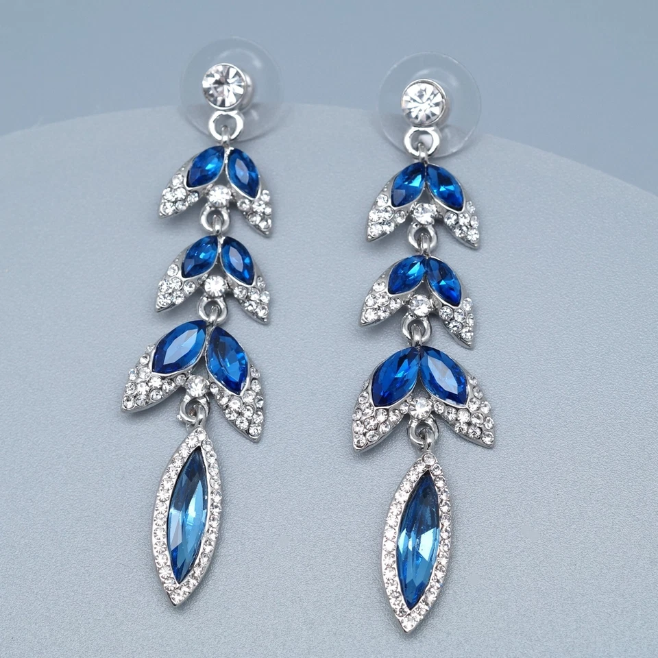 Pendientes colgantes cristal azul estrás borla enchapada en plata hoja mujer joyería Foto 3 de 4