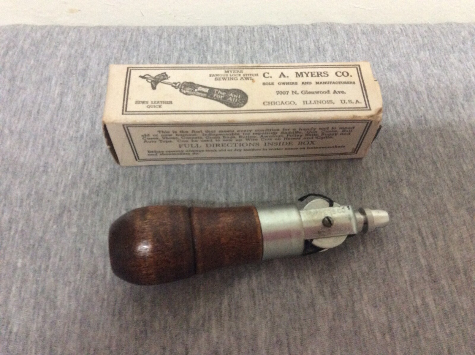 Vintage C. A. Myers Co. Lock Stitch Sewing Awl In Original Box