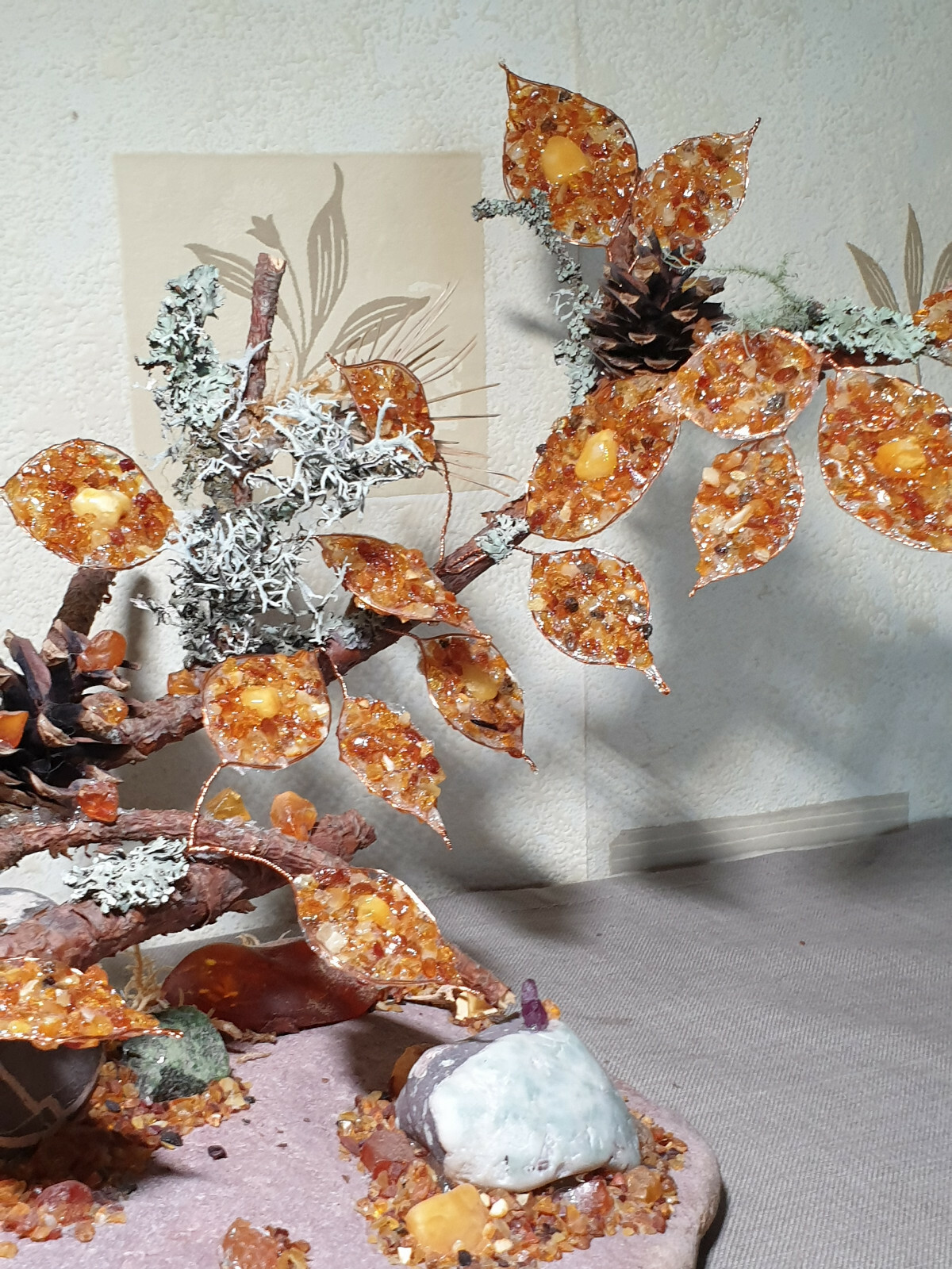 Baltic amber figurine table plaque decor Tree gems pine moonstone Peridot Brandy