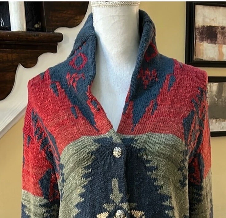 Vtg 90’s Aztec Jones New York Tribal Chunky Knit Cotton Blend Cardigan Pockets M - Image 2 of 4