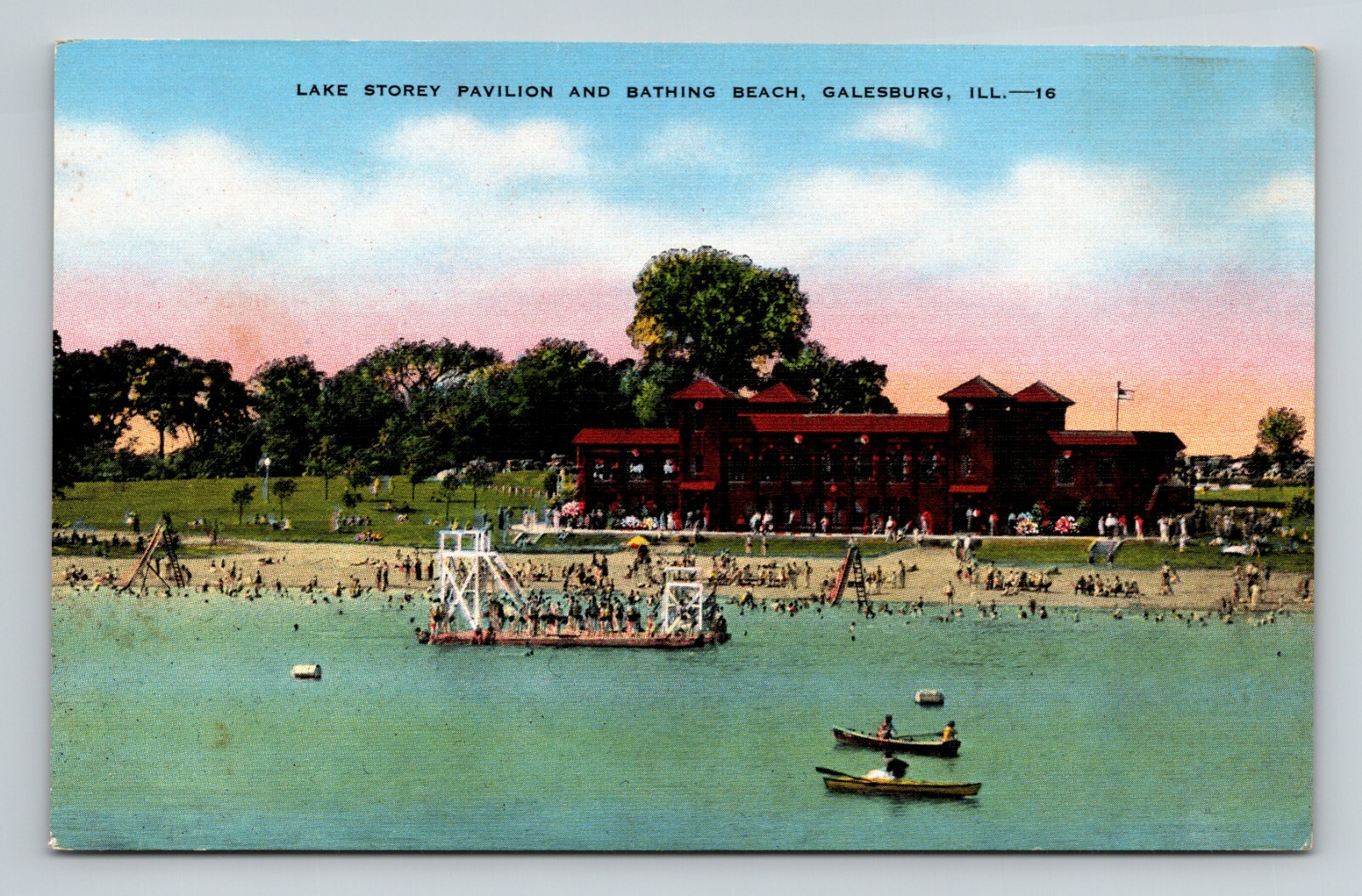 Lake Storey Pavilion Beach Rowboats Galesburg Illinois Postcard