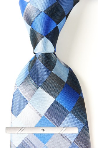 New Classic Checks Plaids Blue Gray JACQUARD WOVEN 100% Silk Men's Necktie Tie