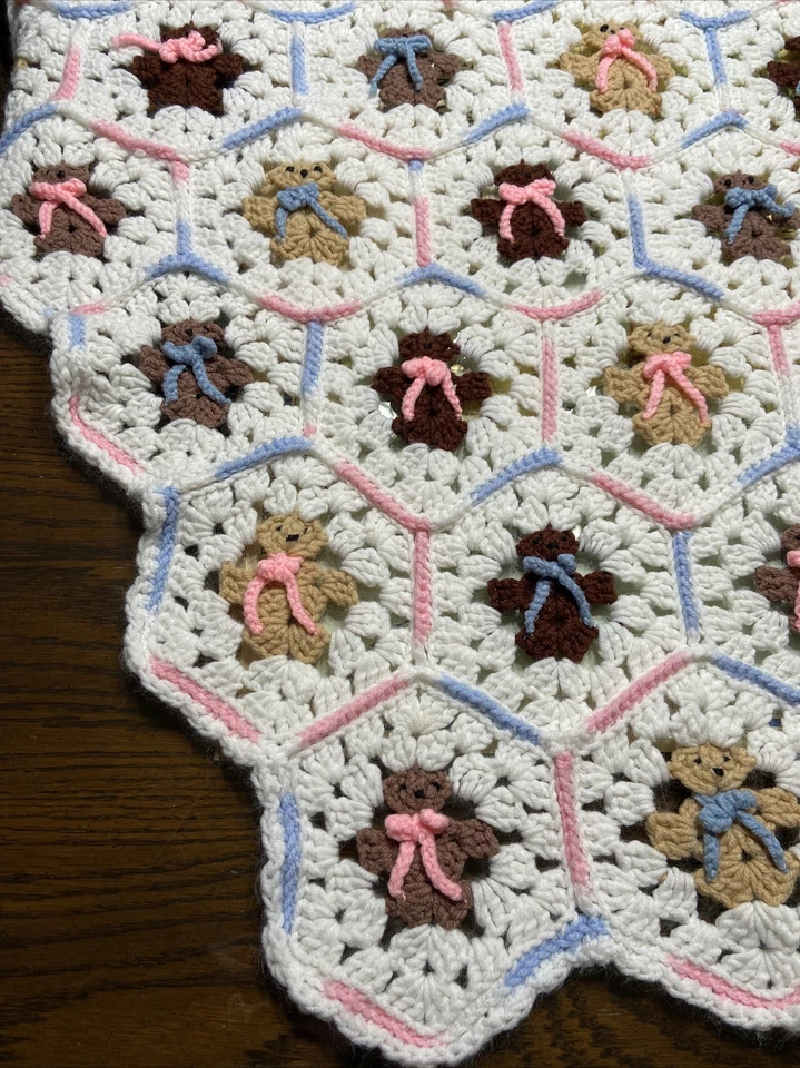Manta afgana cuadrada hexagonal bebé abuela ganchillo osos de peluche rosa y azul EB44 Foto 3 de 4