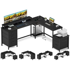 L Shaped Desk with Power Outlets 5 Drawers 94.5" Reversible Computer Desk Black