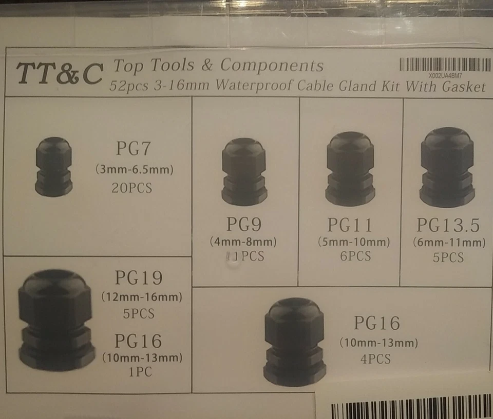 52 piezas PG-16 negro nailon impermeable cable glándula 3-16 mm de diámetro con tuerca de bloqueo y junta Foto 3 de 4