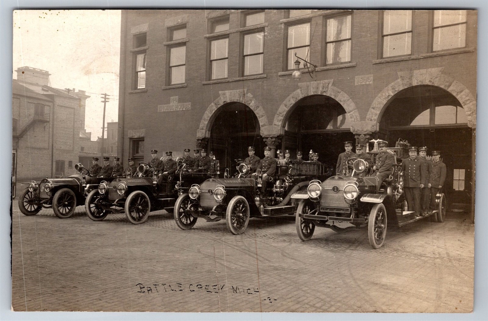 RPPC Fire Engines Group Photo Battle Creek MI Fire Dept C1910s Postcard V8