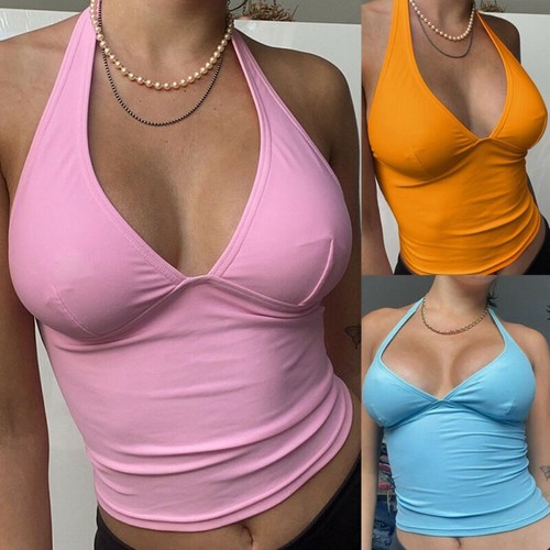 Sexy Vest Women V neck Sleeveless Tank Stretchy Halter Crop Camis Y2K Summer Top - Picture 13 of 17