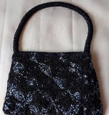 All Black Glass Beaded Evening Purse Snap Closure Black Satin Lining.  B. CO 3