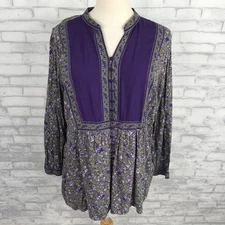 Woman Within Top Womens 1X Purple Long Sleeve Floral Boho Hippie Button Milkmaid