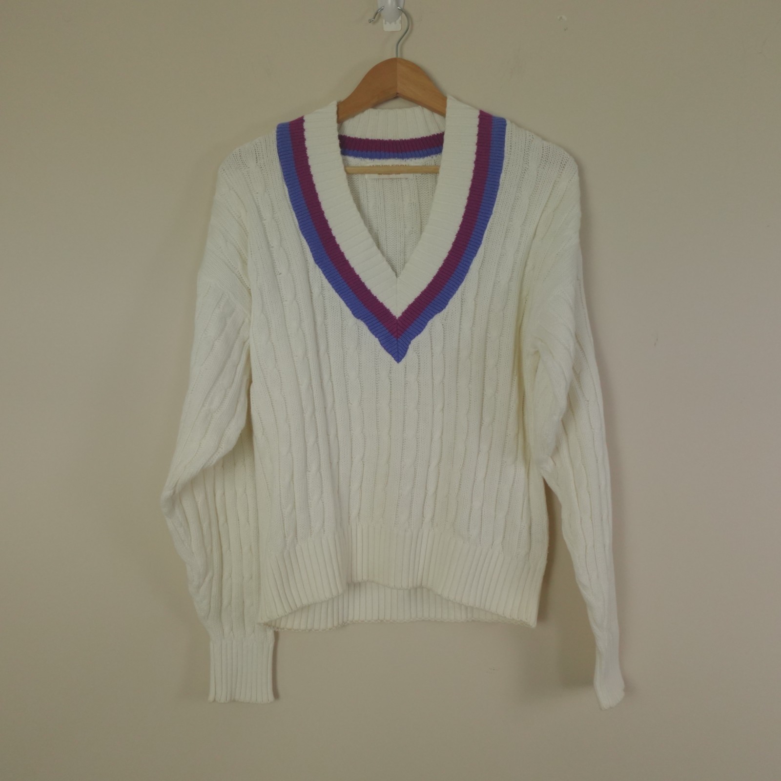 Wimbledon Sweater Medium Cream Varsity Cable Knit Vintage Tennis Prep