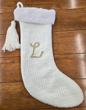 Wondershop L initial ivory gold accents knit stocking