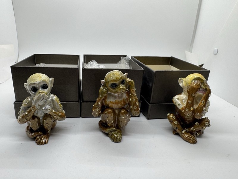 3 Wise See Hear Speak 'No Evil' Monkeys Rhinestone Metal Enamel Trinket Boxes