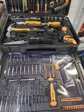 Tool Kit Box Drill Set Home Mechanic Toolbox with 12V Cordless Drill SEE DISC