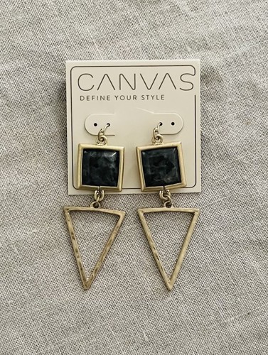 Ohrringe Canvas goldfarben Dreieck schwarz grau marmoriert Stein Tropfen geometrisch Neu mit Etikett - Bild 2 von 7