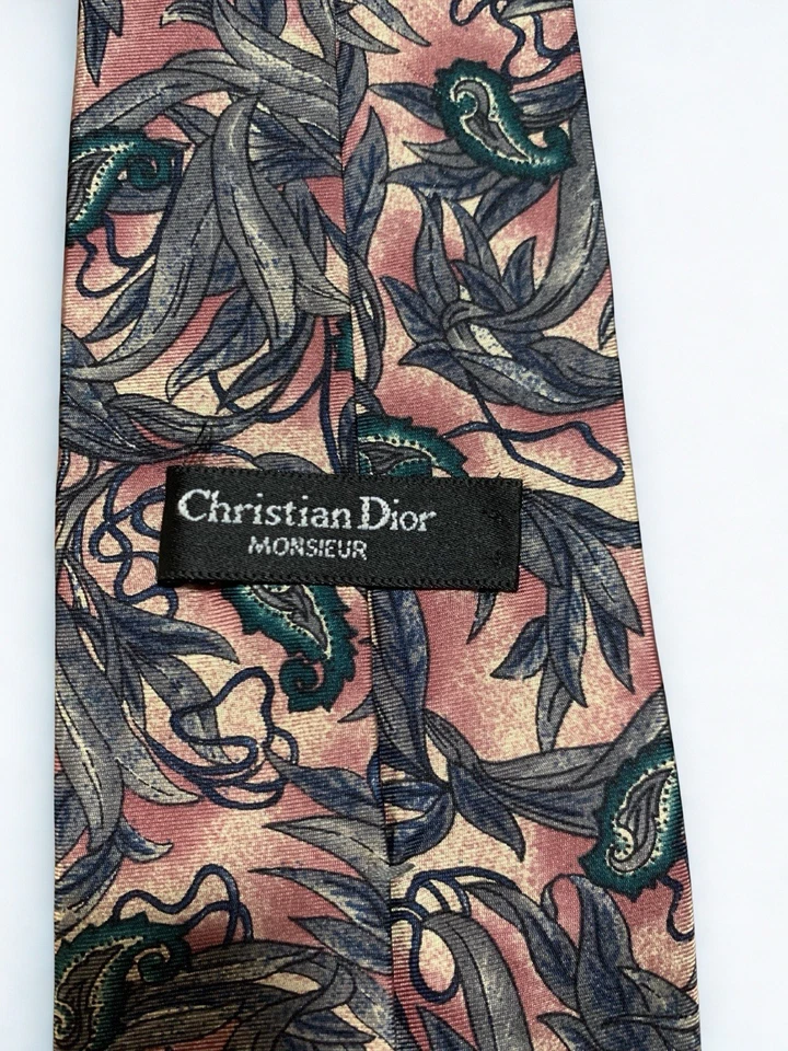 Christian Dior Monsieur Mens 100% Silk Tie Green Floral Paisley Pattern Necktie - Image 2 of 2