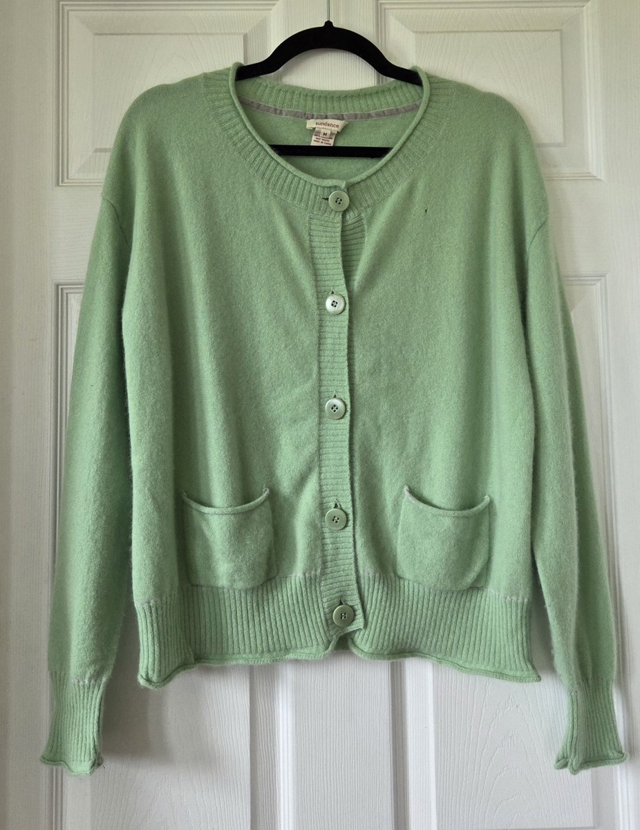 Vintage SUNDANCE Light Green Cashmere Cardigan Sweater Women's Size M FLAW