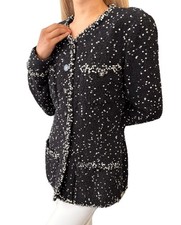 CHANEL Vintage 95A CC Logo Tweed Jacket Blazer 40 Black Wool Long Sleeve