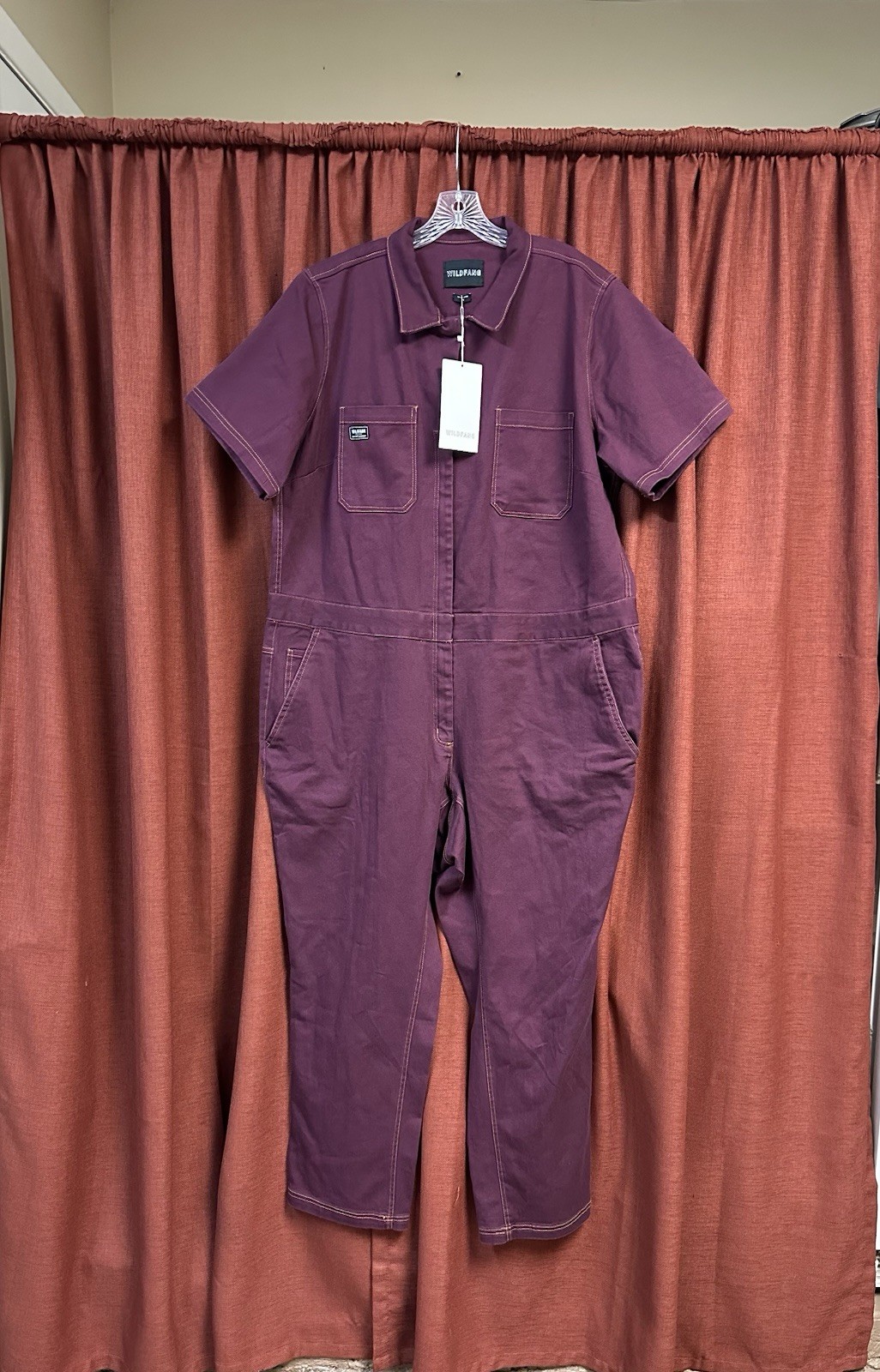 Wildfang Womens Short Sleeve Coverall 1X Maroon Essential Denim Mechanic Retro